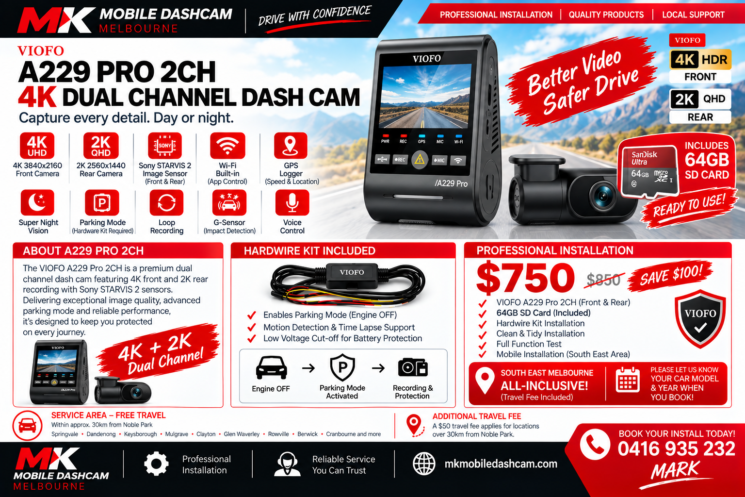 VIOFO A229 Pro 2CH dash cam package