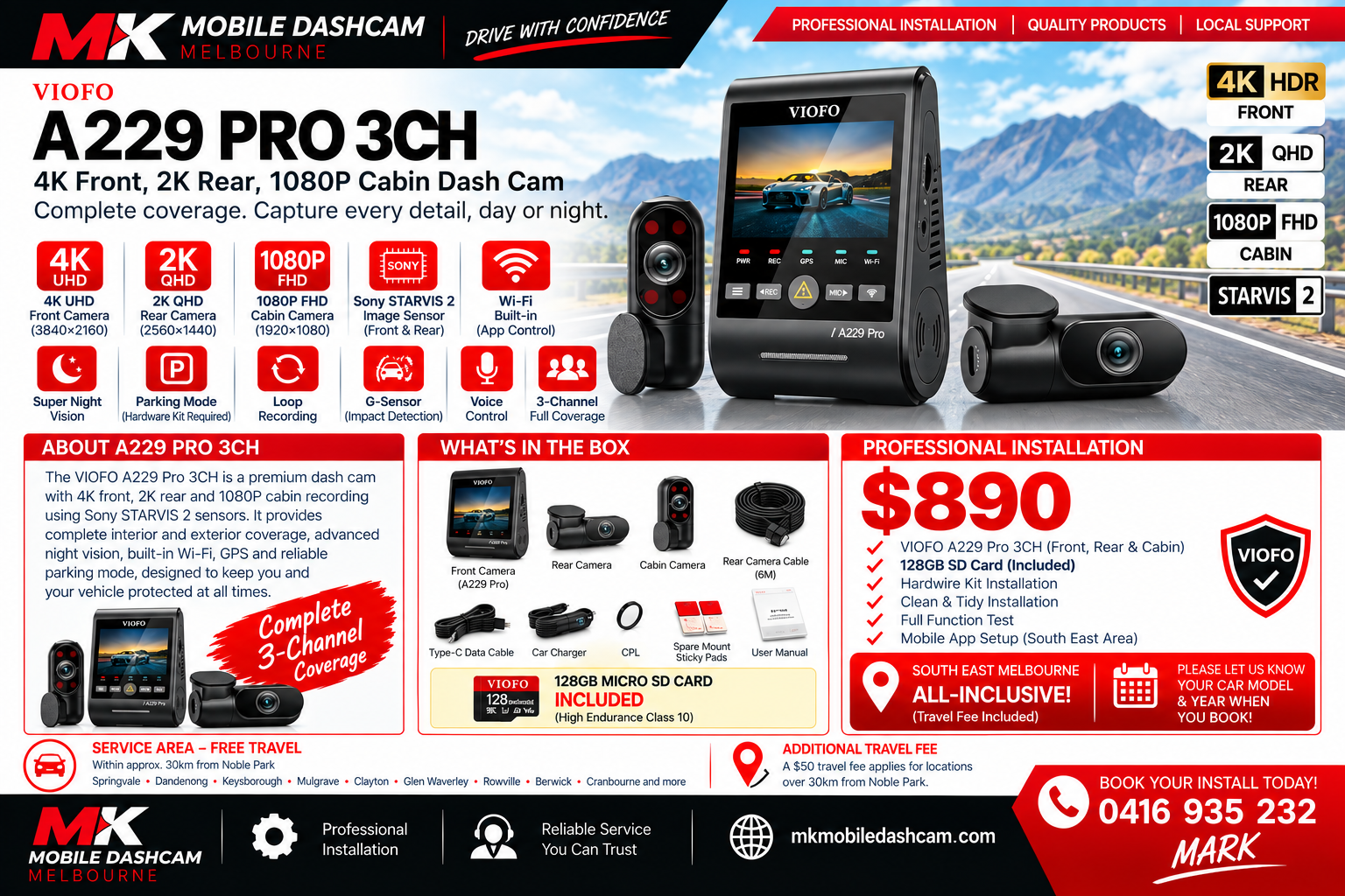 VIOFO A229 Pro 3CH dash cam package